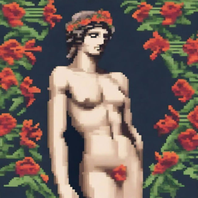 A high-detail pixel art depiction of a Greek statue of an androgynous naked figure with closed eyes, holding red lilies