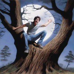 A photorealistic depiction of a frightened young man screaming in terror, lying completely lengthwise across the top of a tree stump, flat on his back