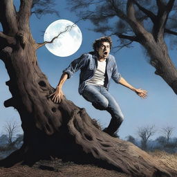 A photorealistic depiction of a frightened young man screaming in terror, lying completely lengthwise across the top of a tree stump, flat on his back