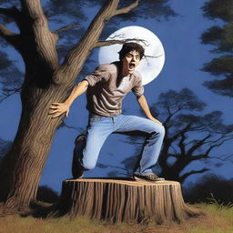 A photorealistic depiction of a frightened young man screaming in terror, lying completely lengthwise across the top of a tree stump, flat on his back