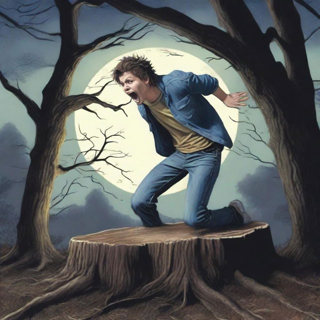 A photorealistic depiction of a frightened young man screaming in terror, lying completely lengthwise across the top of a tree stump, flat on his back