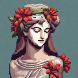 A Greek statue of an androgynous anime figure with closed eyes, holding red lilies