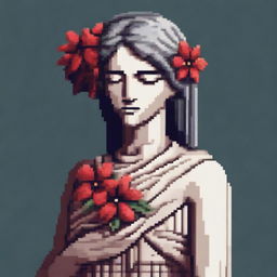 A Greek statue of an androgynous anime figure with closed eyes, holding red lilies