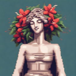 A Greek statue of an androgynous anime figure with closed eyes, holding red lilies