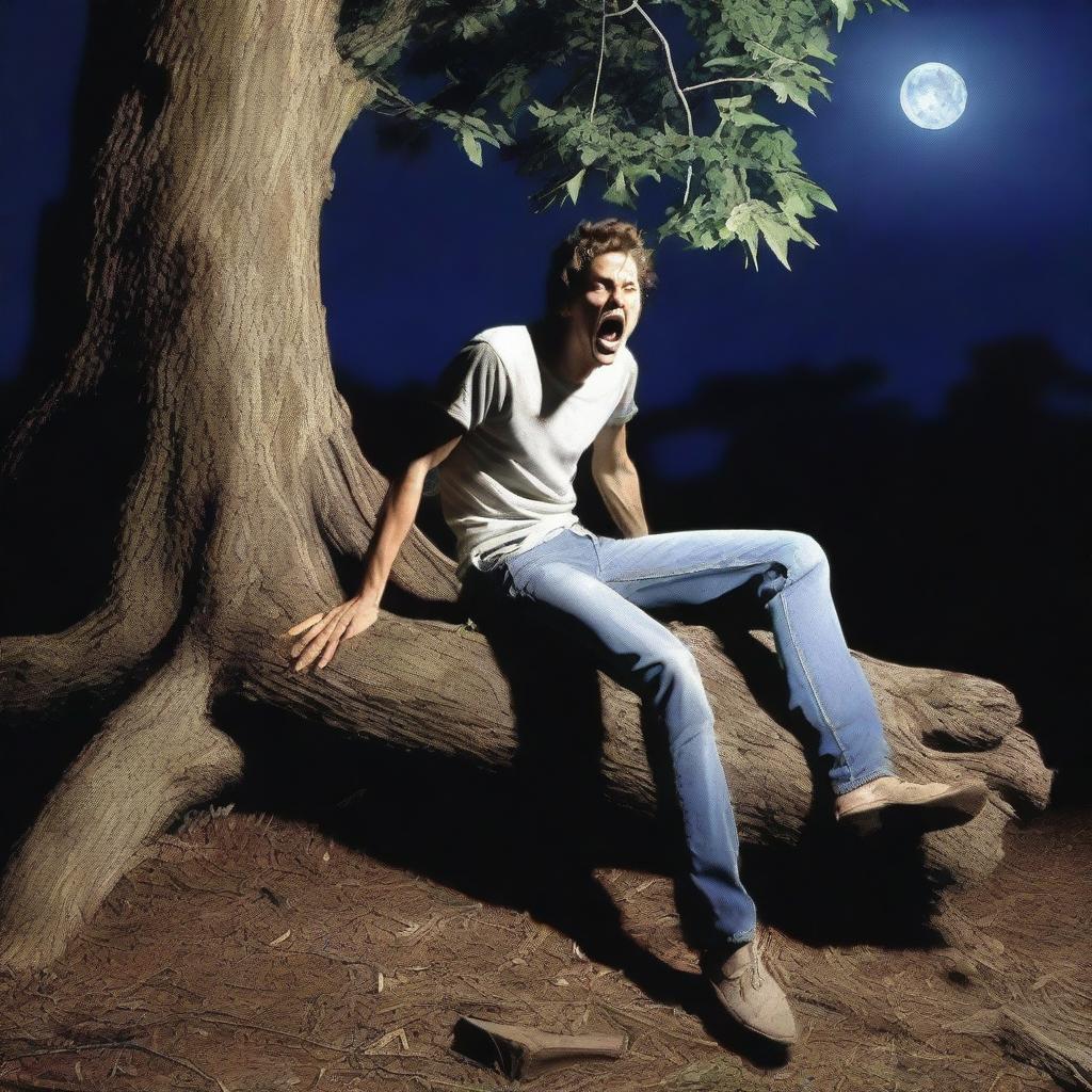 A photorealistic image of a frightened young man screaming in terror, lying completely lengthwise across the top of a tree stump, flat on his back