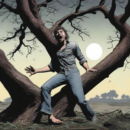 A photorealistic image of a frightened young man screaming in terror, lying completely lengthwise across the top of a tree stump, flat on his back