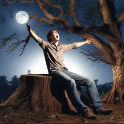 A photorealistic image of a frightened young man screaming in terror, lying completely lengthwise across the top of a tree stump, flat on his back