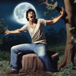 A photorealistic image of a frightened young man screaming in terror, lying completely lengthwise across the top of a tree stump, flat on his back