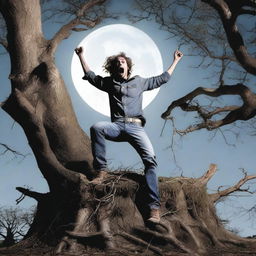 A photorealistic image of a frightened young man screaming in terror, lying on his back on top of a tree stump