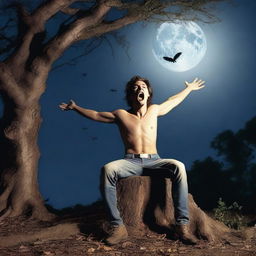 A photorealistic image of a frightened young man screaming in terror, lying on his back on top of a tree stump