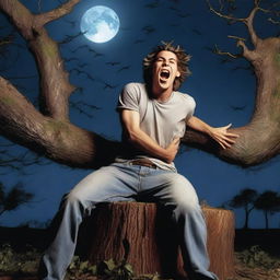 A photorealistic image of a frightened young man screaming in terror, lying on his back on top of a tree stump