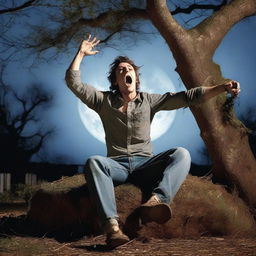 A photorealistic image of a frightened young man screaming in terror, lying on his back on top of a tree stump