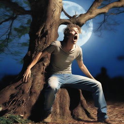 A photorealistic image of a young man screaming in terror, lying on his back on top of a giant tree stump