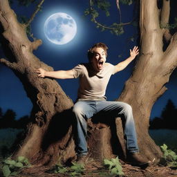 A photorealistic image of a young man screaming in terror, lying on his back on top of a giant tree stump