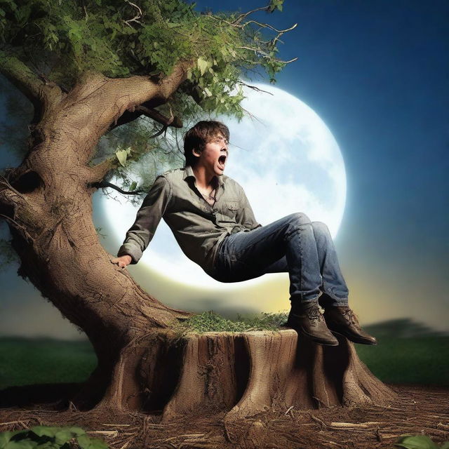 A photorealistic image of a young man screaming in terror, lying on his back on top of a giant tree stump