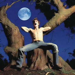 A photorealistic image of a young man screaming in terror, lying on his back on top of a giant tree stump