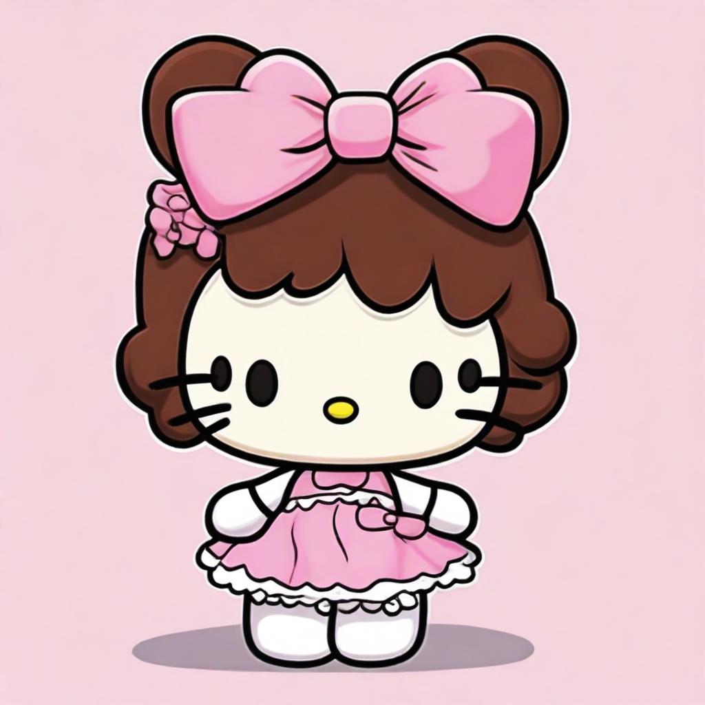 Design a Hello Kitty character with brown hair in curlers, wearing a cute pink dress