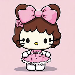 Design a Hello Kitty character with brown hair in curlers, wearing a cute pink dress