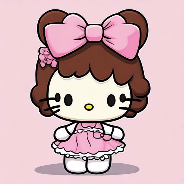 Design a Hello Kitty character with brown hair in curlers, wearing a cute pink dress