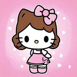 Design a Hello Kitty character with brown hair in curlers, wearing a cute pink dress