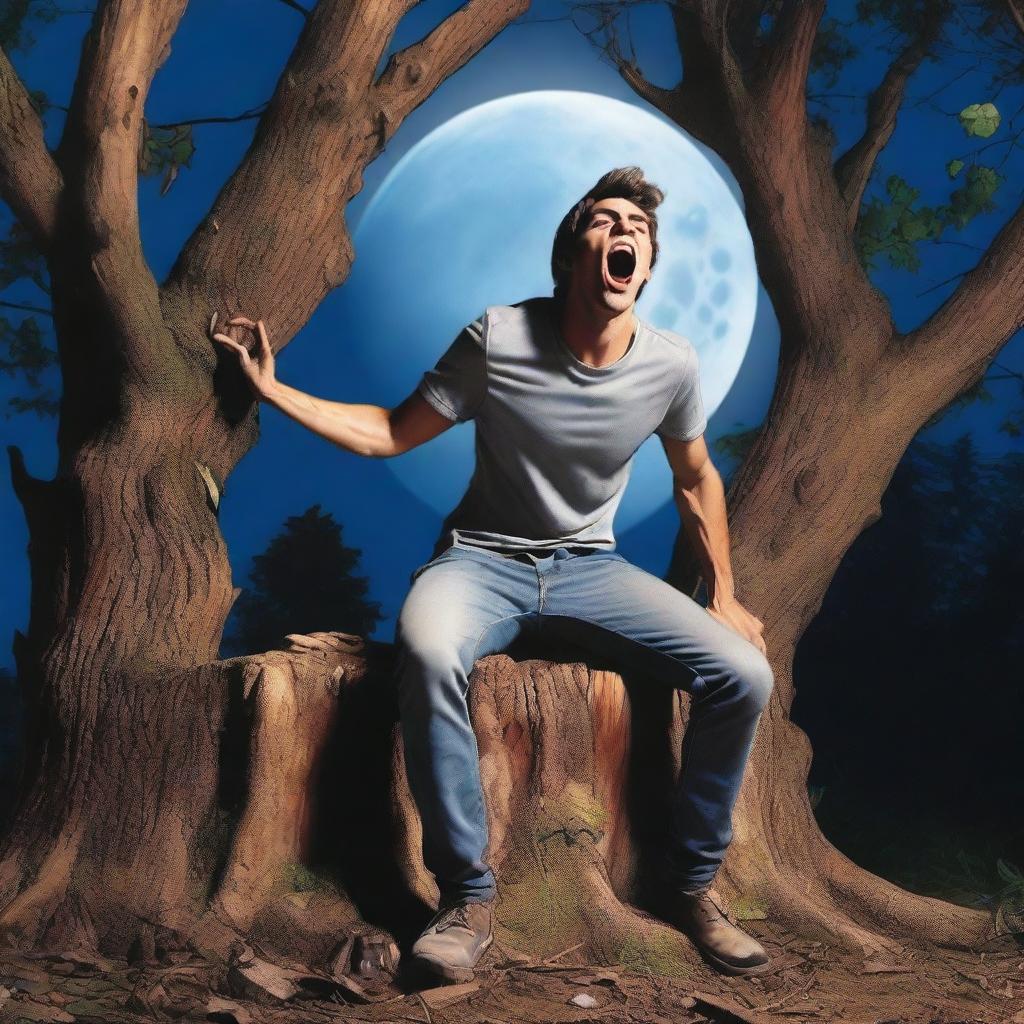 A photorealistic image of a young man screaming in terror while lying on his back on top of a giant tree stump