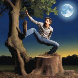 A photorealistic image of a young man screaming in terror while lying on his back on top of a giant tree stump