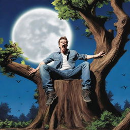 A photorealistic image of a young man screaming in terror while lying on his back on top of a giant tree stump