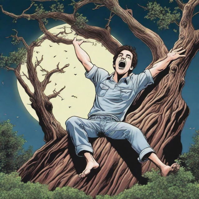 A photorealistic image of a young man screaming in terror while lying on his back on top of a giant tree stump