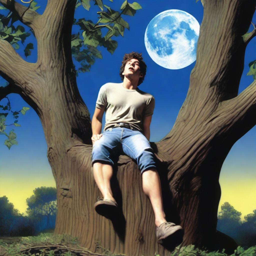 A photorealistic scene of a young man lying on his back on a giant tree stump