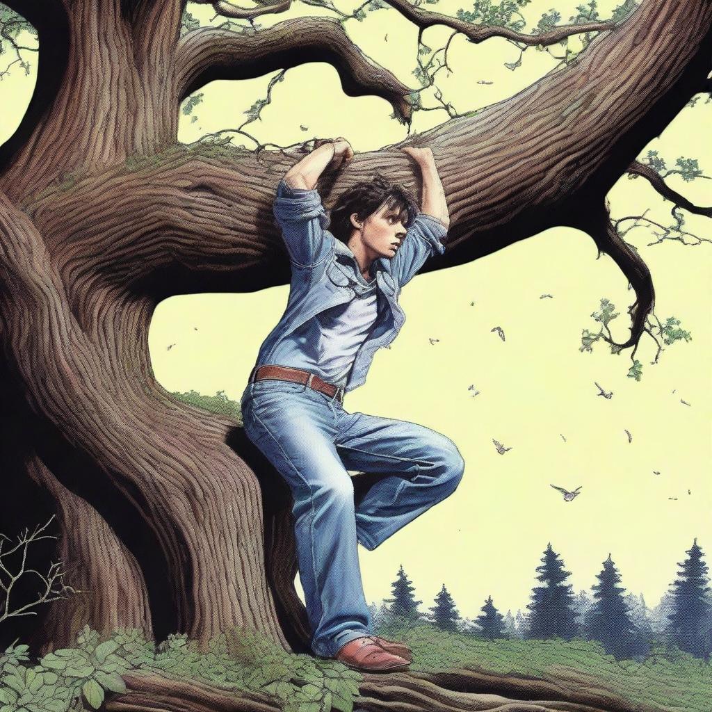 A photorealistic scene of a young man lying on his back on a giant tree stump