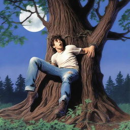 A photorealistic scene of a young man lying on his back on a giant tree stump