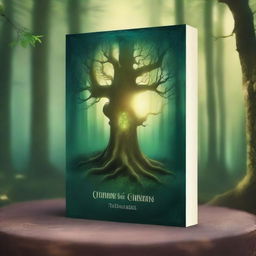 Create a captivating book cover featuring a mystical forest with an ancient, glowing tree at its center