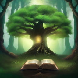 Create a captivating book cover featuring a mystical forest with an ancient, glowing tree at its center