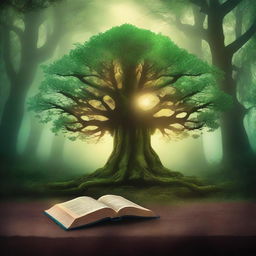 Create a captivating book cover featuring a mystical forest with an ancient, glowing tree at its center