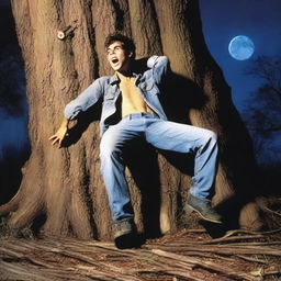 A photorealistic image of a young man lying on his back on a giant tree stump