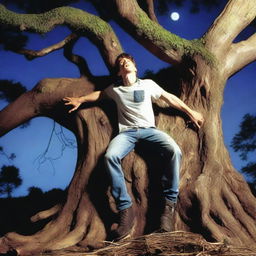 A photorealistic image of a young man lying on his back on a giant tree stump