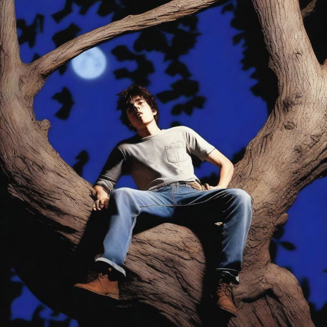 A photorealistic image of a young man lying on his back on a giant tree stump