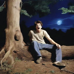 A photorealistic image of a young man lying on his back on a giant tree stump