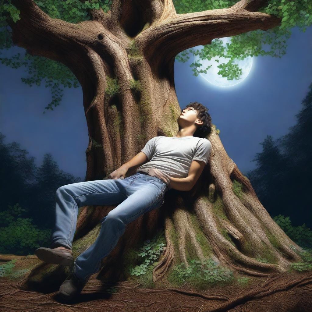 A photorealistic image of a young man lying on his back, stretched across an independent giant tree stump