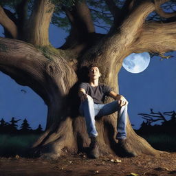 A photorealistic image of a young man lying on his back, stretched across an independent giant tree stump