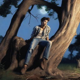 A photorealistic image of a young man lying on his back, stretched across an independent giant tree stump