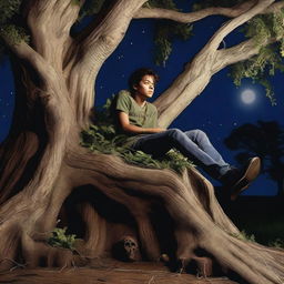 A photorealistic image of a young man lying on his back, stretched across an independent giant tree stump