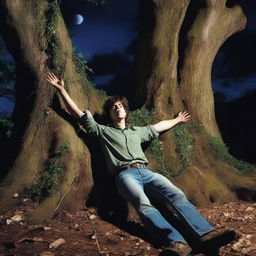 A photorealistic scene of a frightened young man lying on his back, stretched across a giant tree stump