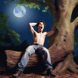 A photorealistic scene of a frightened young man lying on his back, stretched across a giant tree stump