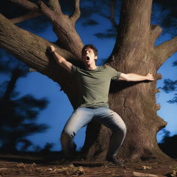 A photorealistic scene of a frightened young man lying on his back, stretched across a giant tree stump