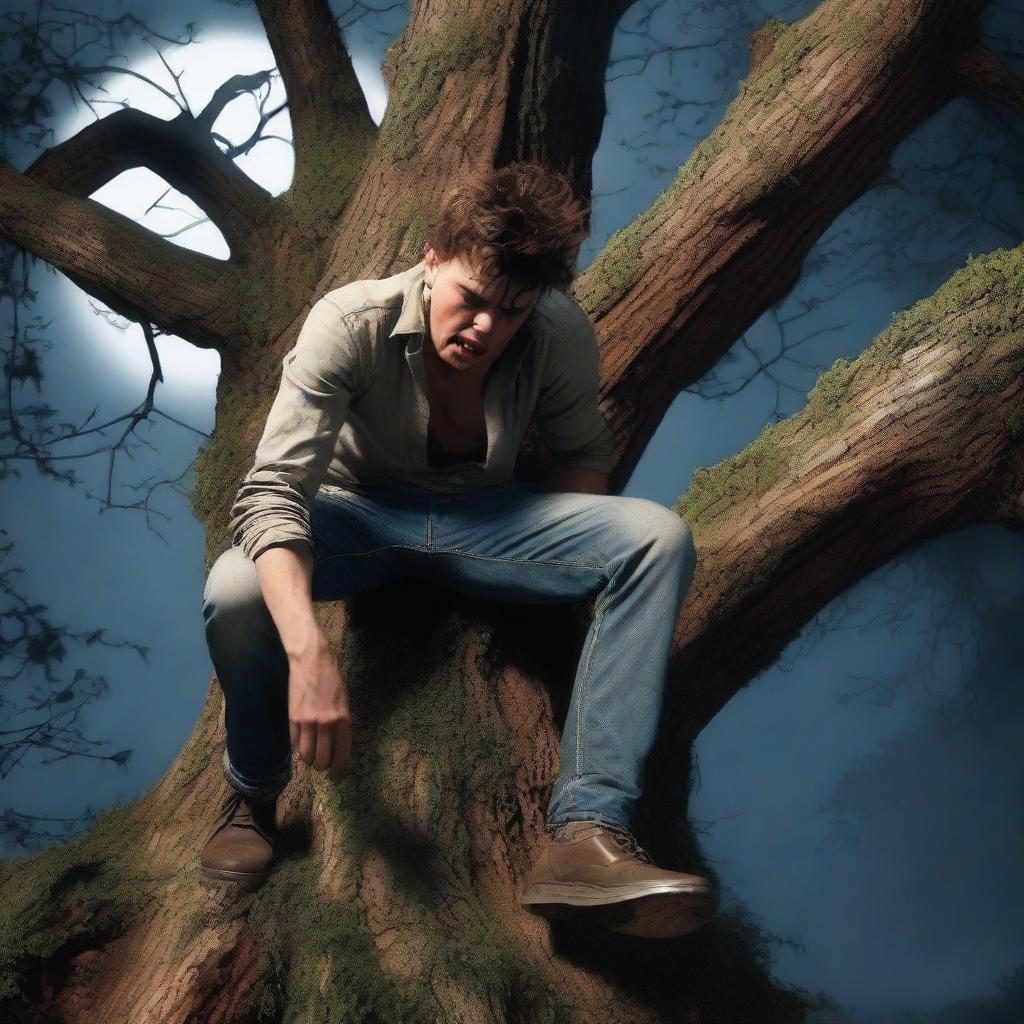 A photorealistic scene of a frightened young man on his back, stretched flat across a giant tree stump