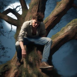 A photorealistic scene of a frightened young man on his back, stretched flat across a giant tree stump