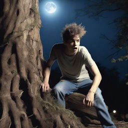 A photorealistic scene of a frightened young man on his back, stretched flat across a giant tree stump