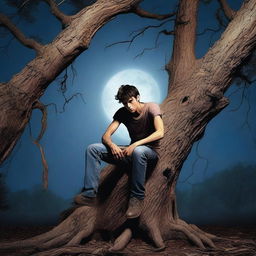 A photorealistic scene of a frightened young man on his back, stretched flat across a giant tree stump