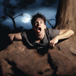 A photorealistic image of a frightened young man lying flat on his back on a giant tree stump